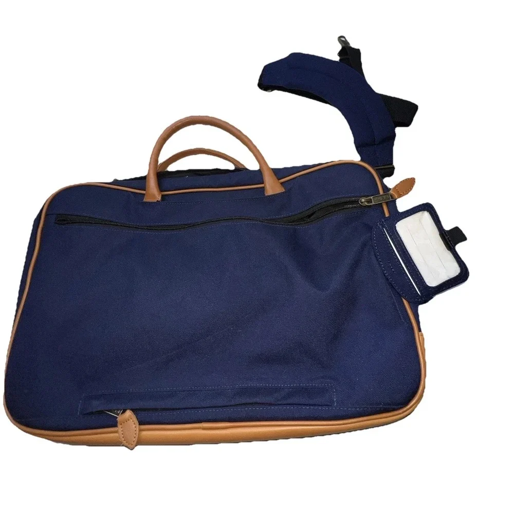 LL Bean Navy Canvas/Leather Messenger Sling Bag Embroidered 